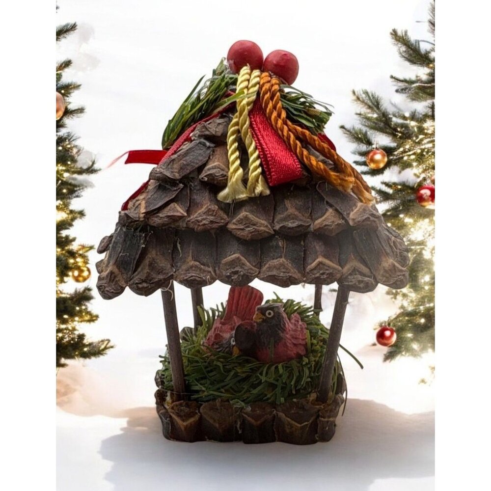Rustic Birdhouse Christmas Tree Ornament with Cardinal Birds Pine Cone Roof